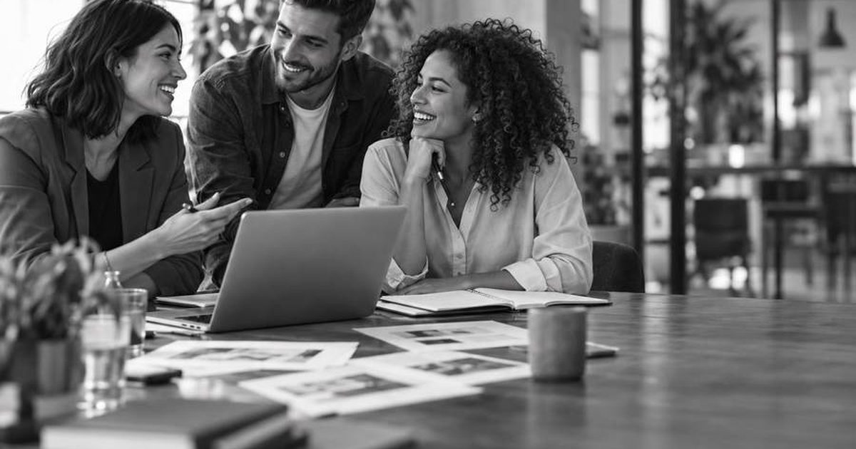 A marketing team reviewing research together around a laptop